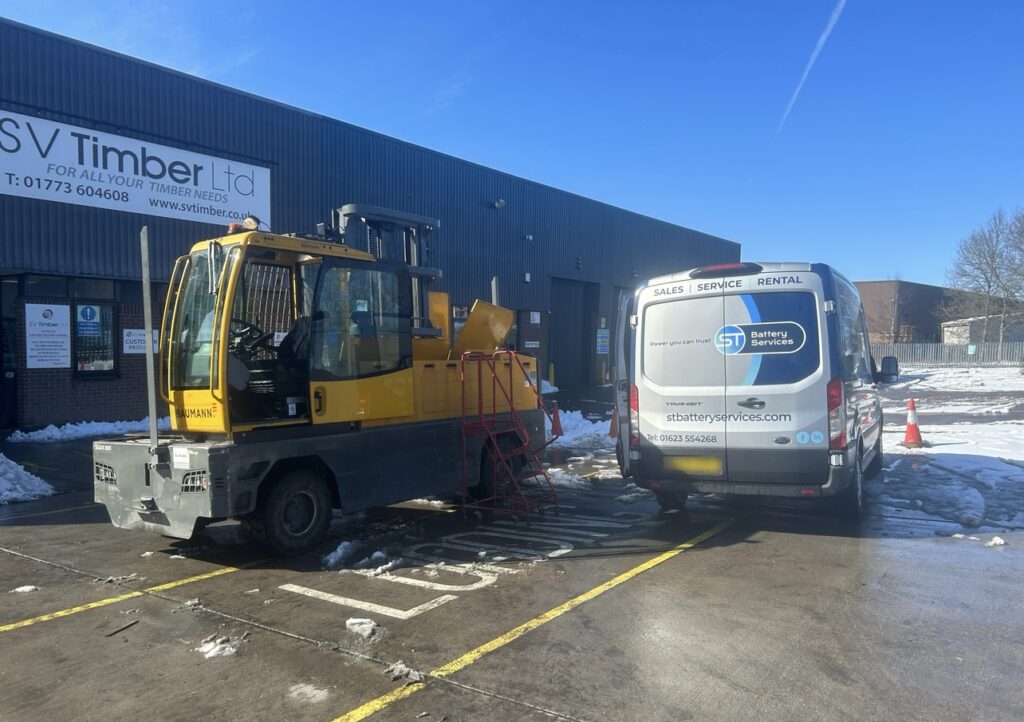 A forklift with a battery from ST Battery Services
